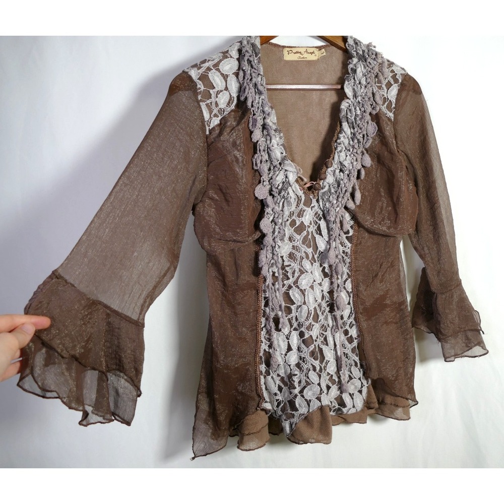 Pretty Angel Forest Fairy Whimsigoth Silk Blend Top Size L Brown Lace Whimsical
